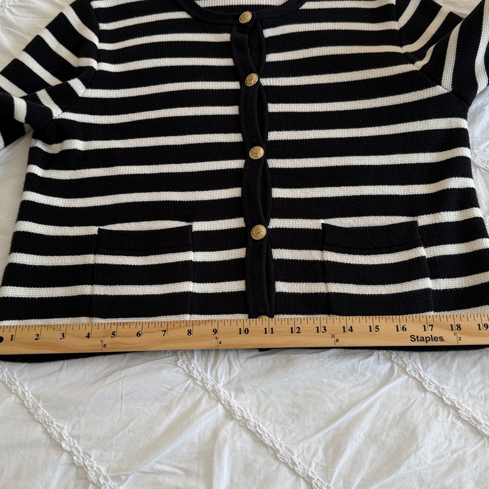 J.Crew Emilie Sweater Lady Jacket in Black Ivory Stripe Knit Cardigan sz L - Picture 10 of 13